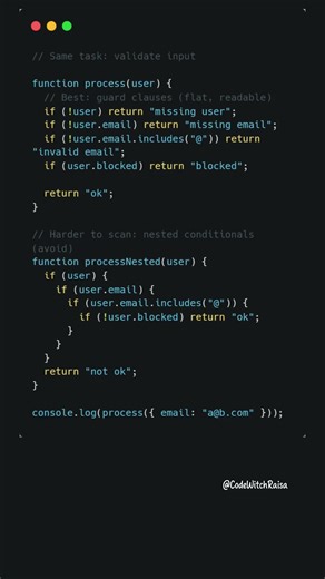 Conditionals: stop nesting — use guard clauses in JavaScript #coding #javascript #shorts