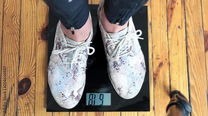Woman checking her weight on a weighing machine. Girl weighing her weight after fitness training at gym and expressing success. Loss weight concept.
