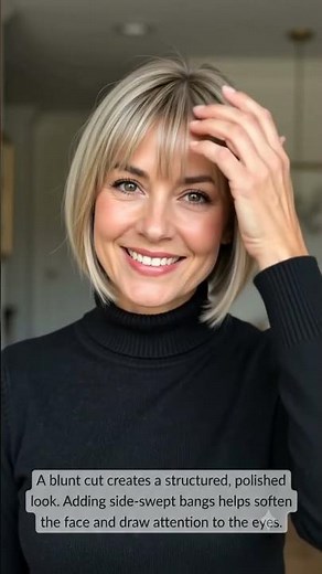 Blunt Cut with Side Bangs-Medium Length Hairstyles for Women Over 60