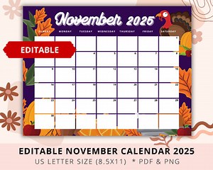 Editable November Calendar 2025, Teacher Calendar, Thanksgiving 2025 Calendar