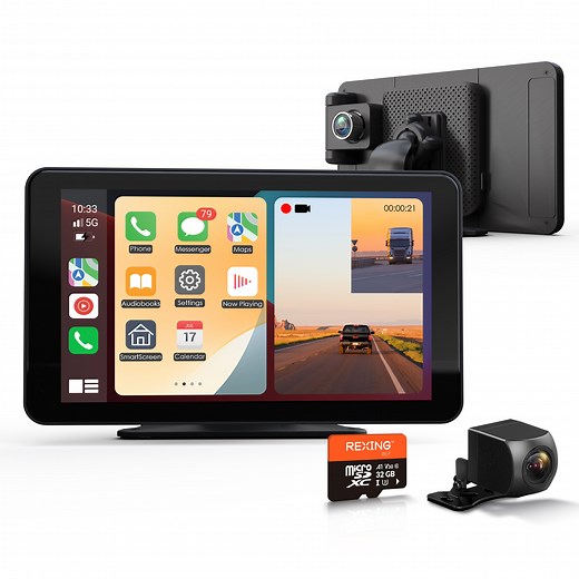 REXING 7" Wireless CarPlay/Android Auto Receiver, 4K Dash Cam, 1080p Rear, GPS, Bluetooth, 32GB Card