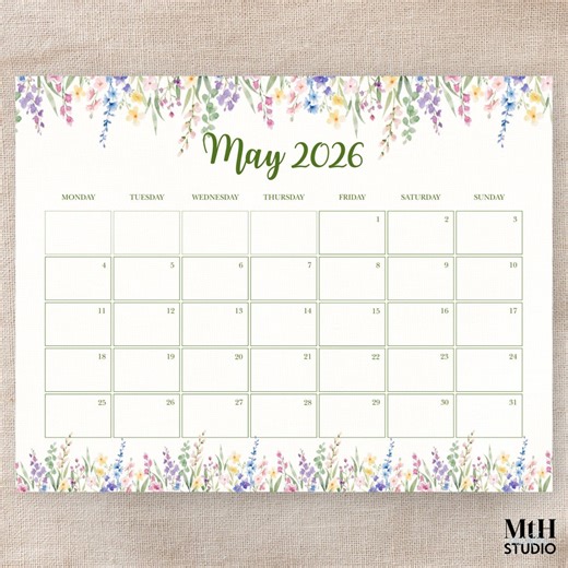 Wildflower May 2026 Calendar Printable, Floral Monthly Planner, Aesthetic Botanical Calendar, Monday & Sunday Start, Instant Download