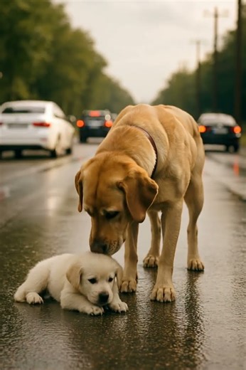 Heartwarming Moment: Labrador Protects Puppy on a Rainy Road | Emotional Dog Story