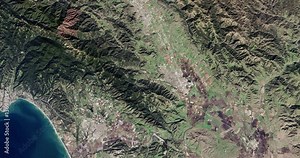 High-altitude overflight aerial of Santa Clara County, California. Clip loops and is reversible. Elements of this image furnished by USGS/NASA Landsat