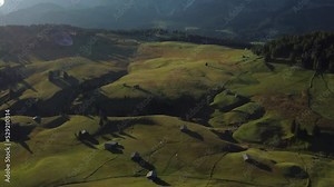 Seiser Alm Alpe di Siusi at Summer in Italian Dolomites, South Tyrol Trentino Alto Adige, Italy. Alpine green meadow, wooden cabin hut. Sassolungo and Sassopiatto mountains.
