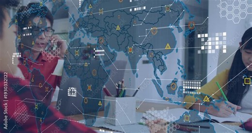 Kids studying at table while man picking phone, world map overlay appearing, showing education data