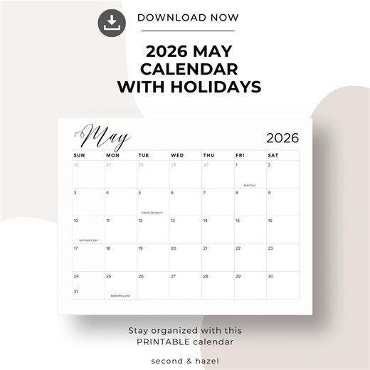 May 2026 Calendar Printable, Month of May Landscape, Minimal, Sunday Start, Modern Template, 8.5x11 Orientation, Wall Calendar PDF - Etsy Canada