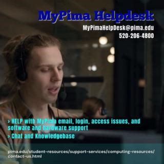 Pima offers assistance with MyPima logins, access issues, software and hardware support, and email and general technical support. The MyPima Helpdesk service is available 24 hours a day, 7 days a week. https://pima.edu/student-resources/support-services/computing-resources/contact-us.html #backtopimaspring24 #mypimahelpdesk #pimacommunitycollege #pimacares #mypimafuture First Year Experience at Pima Community College Pima Student Life | Pima Community College