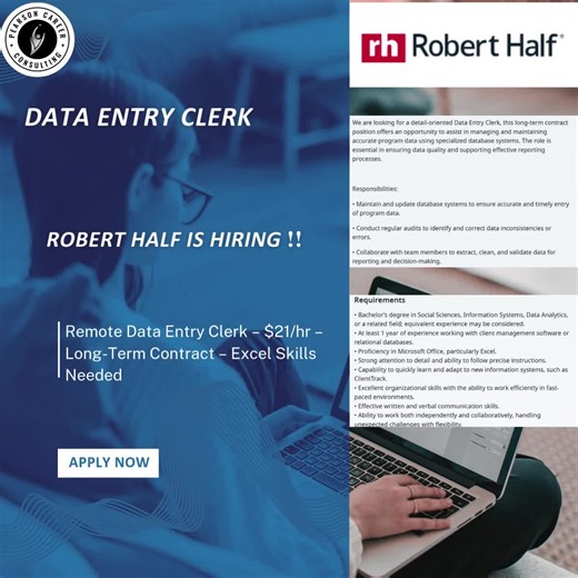 Data Entry Clerk 📌 Robert Half is HIRING ❗❗ 📍 Location: Remote 💼 Type: Temporary (Long-Term Contract) 💰 Pay: $18.21 – $21.09 per hour 📩 Apply Here: https://www.roberthalf.com/us/en/job/jersey-city-nj/data-entry-clerk/02750-0013378116-usen?utm_source=linkedin&utm_medium=referral&utm_campaign=joblisting&fbclid=IwdGRleAPxjetleHRuA2FlbQIxMQBzcnRjBmFwcF9pZAo2NjI4NTY4Mzc5AAEeEl1BfhftNlOG3Yn1ss0OEQ8nHacrt4Y_GDWKjgZU4CY5FMuDnGBxeDHos0o_aem_2aIFK6btc4qtMqfTxpYD1A