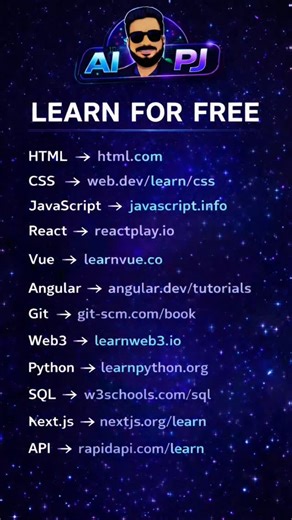 AIWithPJ on Instagram: "Want to learn coding for FREE? 🚀 In this reel, I shared the best free websites to learn: HTML, CSS, JavaScript, Python, Java, PHP, SQL, C++, C#, Bootstrap and more. Perfect for: 👨‍💻 Beginners 👩‍💻 Students 🚀 Future developers 🤖 AI & Tech learners Follow @AIwithPJ for more AI tools, coding resources, and tech tips. Save this reel ❤️ and share it with your friends who want to start coding! #codingreels #developerlife #techreels #programmer #AIwithPJ"