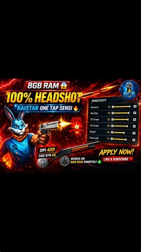 8GB RAM 😱 100% HEADSHOT SENSITIVITY 🔥 RAISTAR ONE TAP#freefire #onetap #sensitivity