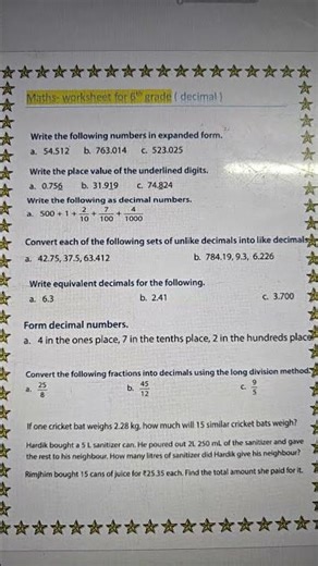 6th Grade Math Decimal worksheet 2