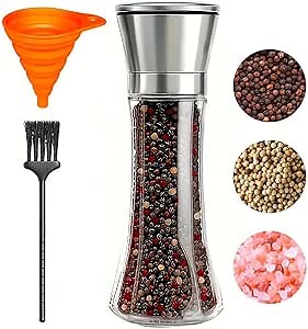 Pepper Grinder Salt Grinder, 8inch Stainless Steel Pepper Mill w/Adjustable Coarseness, Refillable Salt with Funnel, Cleaning Brush, Manual Pepper Grinder for Black Peppercorn