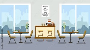 Empty cafe interior design 2D Animation. Coffee shop and empty table and chairs. Coffee cafe concept or restaurant interior design, Cafe or restaurant interior design with coffee shop, 4K Resolution.
