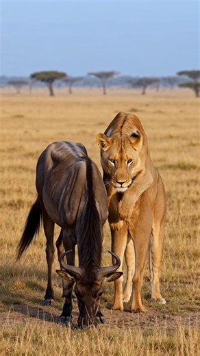 LION SENT FLYING! 🦁😱 Wildebeest's Shocking Back-Kick Defense 💥