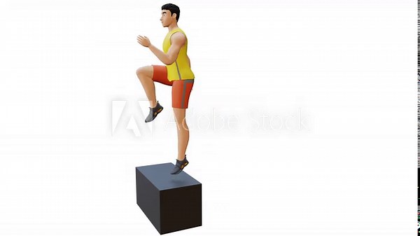 Animated character doing Jump Step Up-L/R. Jump Step-up exercise in 3d animation and illustration. Perfect for fitness themed productions, healthy, diet plan, weight loss training. 3d Render