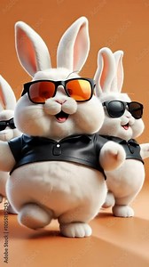 The three little bunnies are hopping and dancing on the floor with adorable expressions, each in sunglasses, with a vivid orange background in Ultra HD 4K