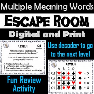 Multiple Meaning Words Activity Escape Room Literacy (Homographs Game)
