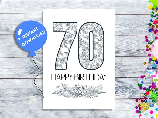 Happy 70th Birthday Printable Card, Elegant Floral Design, Instant Download - Etsy