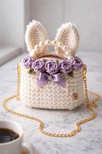 Crochet Bunny Bag Pattern, Chunky Purse With Roses, Pearl Handle Handbag (PDF Download) - Etsy
