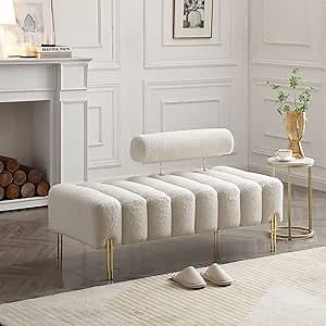 Chaise Lounge Indoor,Modern Upholstered Teddy Chaise Lounge Chair Indoor Faux Sherpa Fleece Fabric,Entryway Ottoman Bench for Bedroom Office Living Room