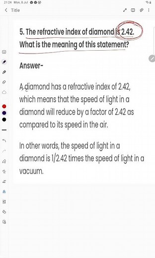 The refractive index of diamond is 2.42. What is the meaning of this statement?