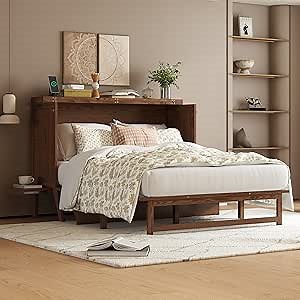 KEIKI Queen Size Cabinet Murphy Bed with Charging Station, Drawer, Removable Shelves, Multiple Storage Foldable Hideaway Wall Murphy Bed Frame, No Box Spring Needed, Easy Assembly, for Bedroom, Walnut
