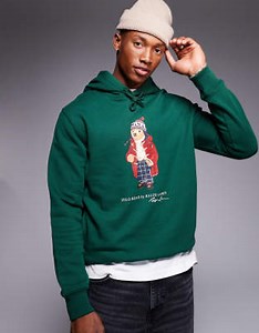Polo Ralph Lauren holiday bear print fleece hoodie in dark green | ASOS
