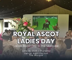 👒 June 19, 2025 – Royal Ascot Ladies Day in the Marquee! 🥂 Prosecco reception | 🍽️ Gala buffet lunch & afternoon tea 📺 Live big screen race coverage | 🎶 Jazz band Take@That live ⏰ Arrive 11:00 AM | Lunch at 12:00 PM 💷 £89.50 per person | £85pp for groups of 10 👗 Dress code: Race Day Attire Enjoy the thrill of Royal Ascot in style with live coverage, elegant dining, and entertainment from West End star David Lawrence plus a lively after-party with Take@That. All in support of a great cause