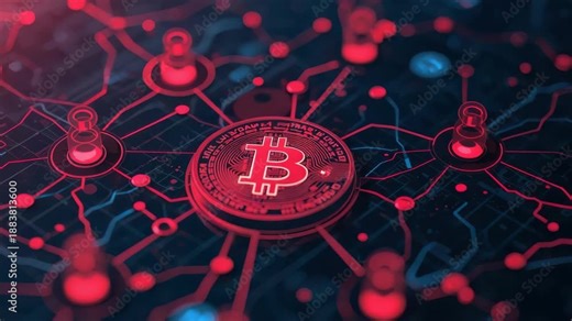 Bitcoin coin cryptocurrency blockchain network node glowing neon circuit board with red blue