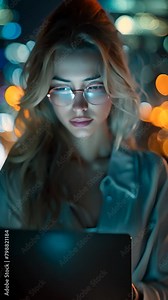 Woman wearing blue light glasses in laptop computer screen reflection, Young lady with blonde hair working, City office bokeh vertical video