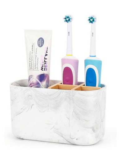 5-Slot Bamboo Toothbrush Holder, Bathroom Countertop Organizer For Electric Toothbrush And Toothpaste, Marble Toothbrush Storage Rack | SHEIN