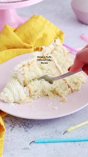 COCONUT CAKE (recipe below) 🥥🎂 this cake is so moist and fluffy, has just the right amount of coconut flavor, and is a year-round favorite at my house! I paired it with Coconut Cream Cheese Buttercream for Easter and also use it as the base of the Almond Joy Cake on pg. 177 of my book 😍 ⁣ ⁣ COCONUT CAKE⁣ YIELD: 3 6-inch layers or 2 8-inch layers⁣ ⁣ INGREDIENTS: ⁣ 3 Cups (315g) sifted cake flour⁣ 2 tsp baking powder⁣ 1/2 tsp baking soda⁣ 1 tsp salt⁣ 1 Cup (226g) unsalted butter, room temperatu