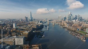 Aerial panoramic cityscape view of London and the River Thames, England, United Kingdom. London city, skyscrapers and London center.