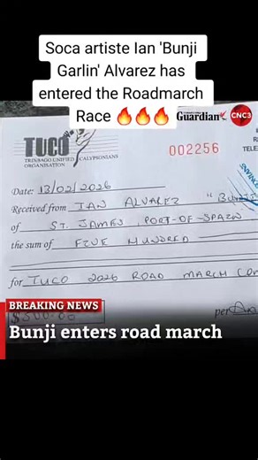 Soca artiste Ian 'Bunji Garlin' Alvarez has announced that he has decided to enter the Road March race this year, after previously stating that he would not compete. Garlin had pulled out after a controversy involving a Road March judge last year, announcing that she had favoured Machel Montano to win the competition, days before the end of Carnival. Bunji posted a receipt showing his payment for the competition on his Instagram.