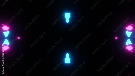 Seamless looping animation of pulsating pink and blue neon lights moving symmetrically in a kaleidoscopic pattern, creating a vibrant vj background perfect for music events and concerts