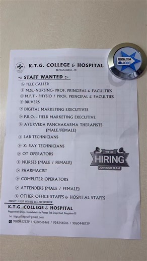 Digital Star Jobs on Instagram: "👩‍⚕️👨‍⚕️ Join Our Team! K.T.G. College & Hospital, Bengaluru is hiring for multiple positions across medical, technical & office roles. 📍 Walk in with your bio-data."