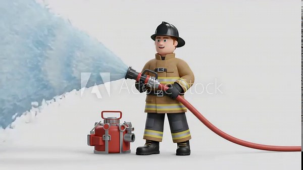 Brave Firefighter Cartoon 3D Render: Extinguishing a Blaze with Water Hose and Fire Extinguisher