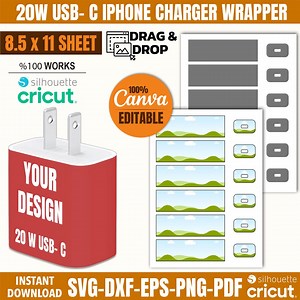 20W USB-C iPhone Charger Wrapper Canva Template, iPhone Charger 20W Svg File, Charger Sticker Cut Cricut Silhouette, Charger Wrap Template - Etsy