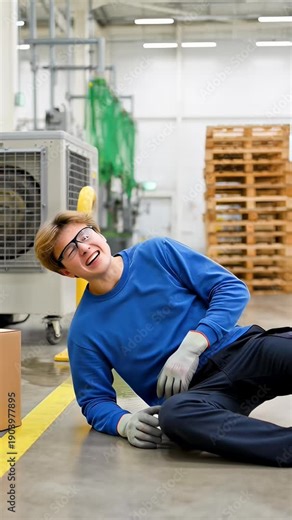 Young warehouse worker slipping on a wet floor puddle and falling down in a painful industrial accident, illustrating workplace safety and liability concepts.