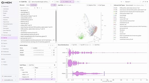 Excited to announce our single cell visualizer toolkit.A scalable web interface for interactive tertiary analysis on cell cohorts. With support for over dispersed genes, differential expression, automated cell type inference, gating on gene expression, neighborhood filtering, clonotype filteringSoon we will be adding support for isoform resolved tables and expressed somatic variantsSince all of this is backed by our biology-native data warehouse, the cohort selection is becoming increasingly pro