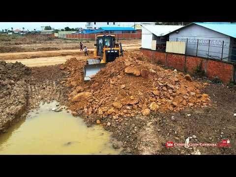 Extremely! Skilled Bulldozer Working Pushing Soil & Dump Truck Unloading Soil Landfill Building Road
