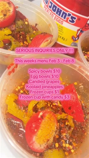 I’m the candy lady in ATL, I have all the spicy bowls made the 305 way & all ur sugar craving treats!!! SERIOUS INQUIRIES ONLY | DO NOT WASTE MY TIME!!! This weeks menu Feb 3 - Feb 8 Spicy bowls $10 Egg bowls $10 Candied grapes Koolaid pineapples Frozen cups $1 Frozen cup with candy $3 Located in South Fulton | Campbellton rd Call or text me 561-856-7076 to place an order. I Offer delivery | or you can Pick it up from me . #spicybowls #spicy #viraltiktoks #seafoodboilmukbang #seafoodboil