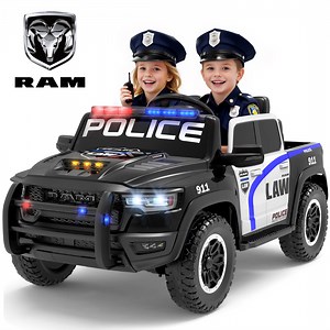 24V Kids Ride on Police Car, Licensed RAM 1500 2 Seater Ride on Car with Remote Control, Bluetooth, LED Lights, Trunk Storage, 4 Wheel Suspension, Ride on Toys for Big Kids Boys Girls Ages 3-8, Black
