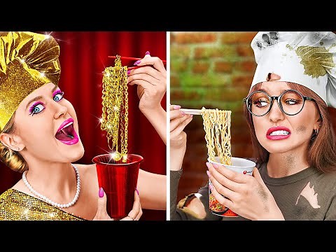 RICH VS. POOR CHALLENGE | Eating a $10,000 Golden Noodles! Expensive VS. Cheap Battle by 123GO! FOOD