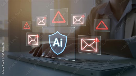 Digital AI shield with encryption, monitoring and real-time threat detection, focused on data privacy and secure systems. AI security showing protection against cyber threats, fraud and scams.