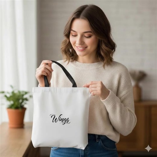 Wings Script Canvas Tote Bag — Lightweight Everyday Shopper with Accent StrapsA soft, roomy canvas tote that carries more than just items — it carries intention. Lightweight polyester canvas with a foamed lining gives the bag structure without stiffness, while boxed corners open up real space for groceries, notebooks, a sweater, or a small market haul. The subtle, centered “Wings” script invites a quiet, uplifting energy that fits into everyday routines. Choose one of five strap colors to add a 