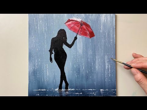 Walking in the Rain / Acrylic Painting for Beginners / Red Umbrella #77