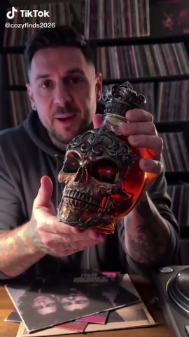 Gothic skull decanter with 3D carvings and crown cap, restoring vintage charm, serving as both a whisky vessel and a unique home decor piece.#GothicDecor #HomeBar #WhiskyEssentials #TikTokFinds