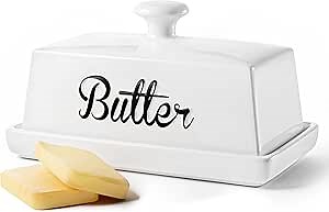 Ceramic Butter Dish with Lid - 7" White Butter Dish with Cover for Countertop
